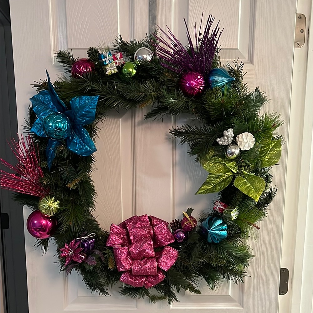 Festive Holiday Wreath with Pink and Blue Accents